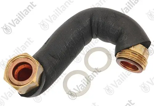 Vaillant Rohr mit gebogener Form, ausgestattet mit zwei Metallanschlüssen. Zwei Dichtungen liegen neben dem Rohr.